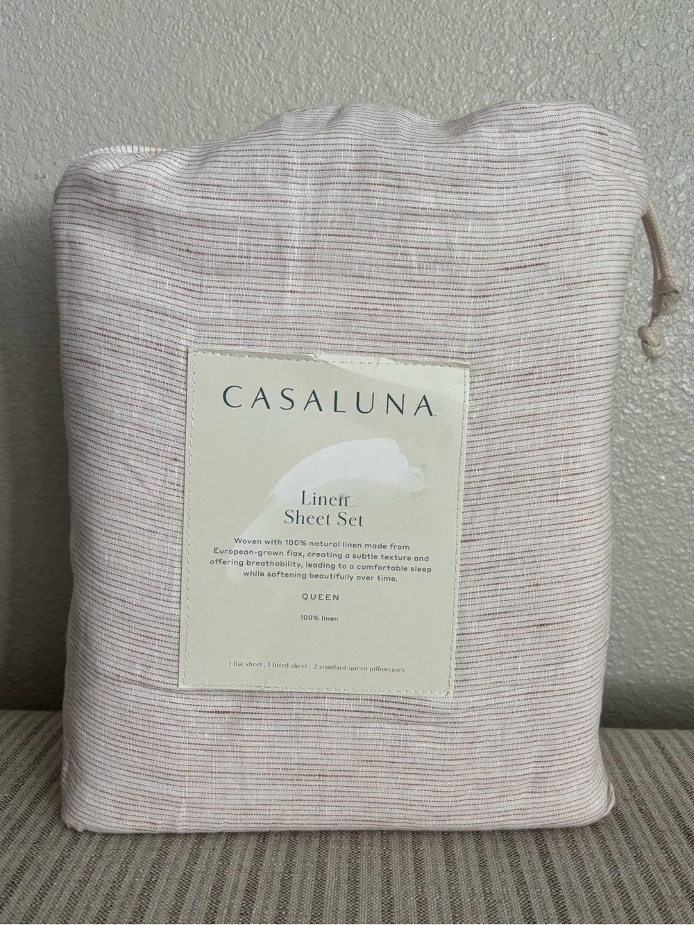 NWT Queen 100% Linen Sheet Set Adobe Clay Micro Stripe - Casaluna